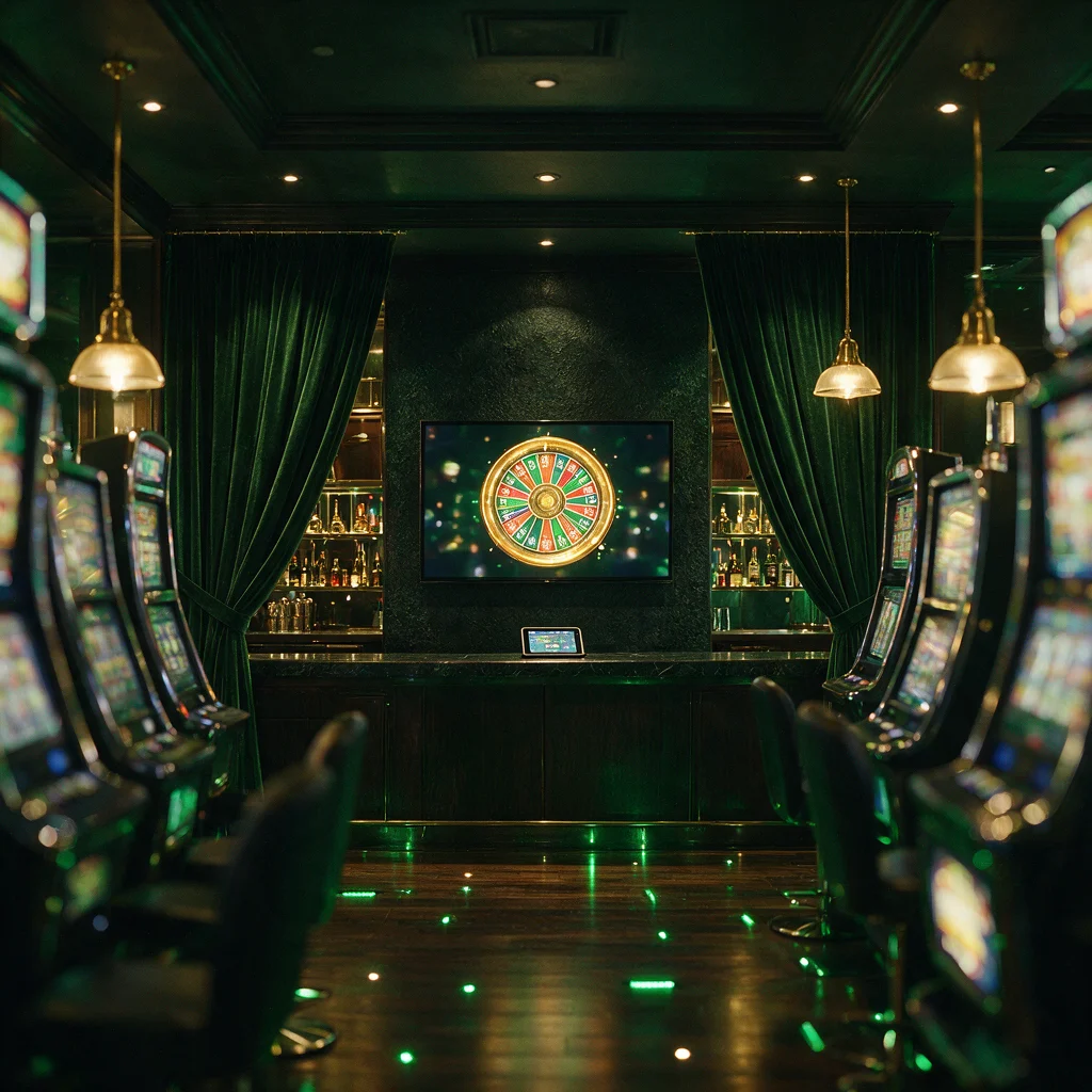 Spielhalle mit TV-Bildschirm, auf dem Glücksrad und Jackpot laufen, und Tablet an der Bar
